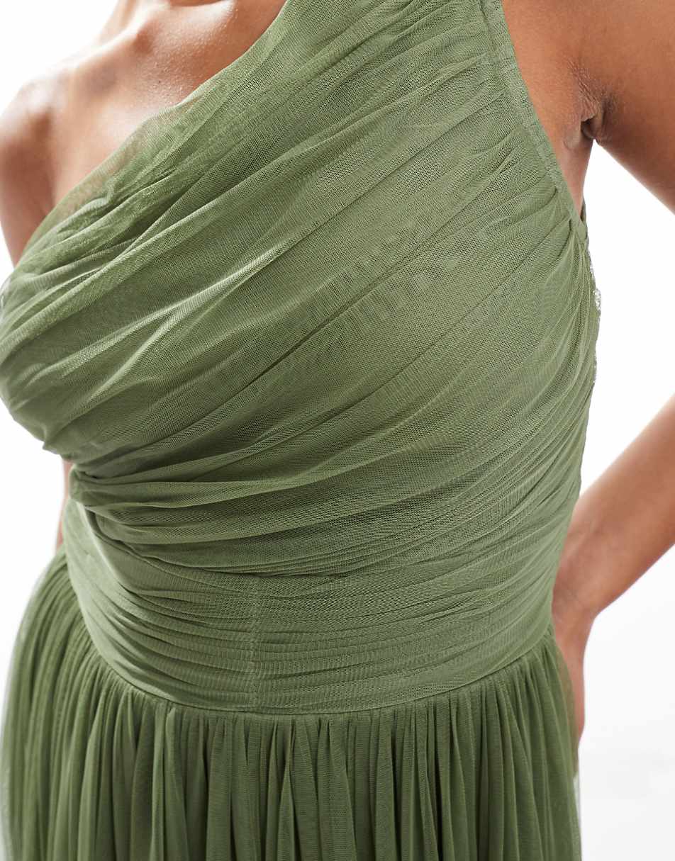 Lace & Beads Bridesmaid one shoulder tulle maxi dress in soft olive