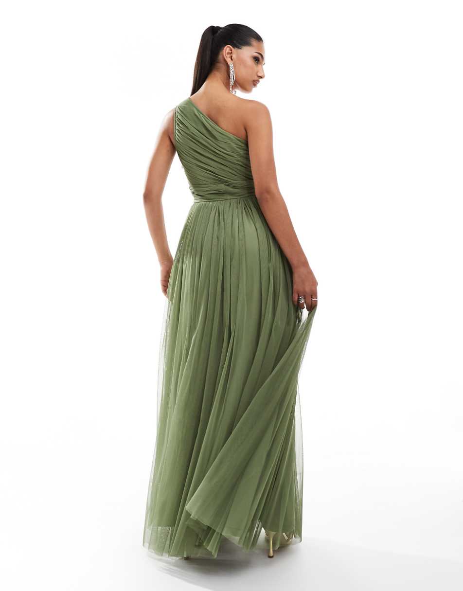 Lace & Beads Bridesmaid one shoulder tulle maxi dress in soft olive