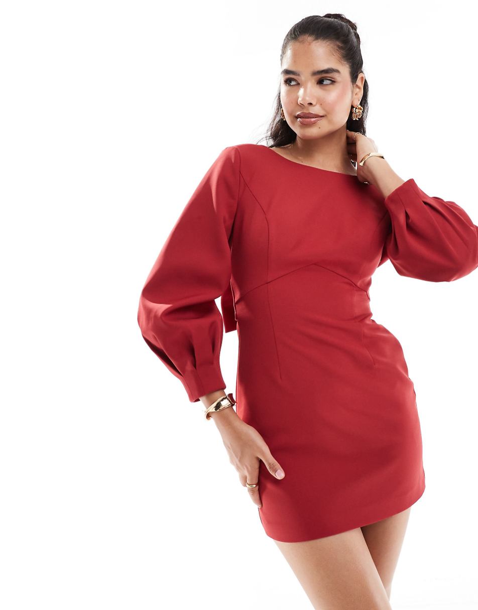 Ever New long sleeve bow back mini dress in deep red