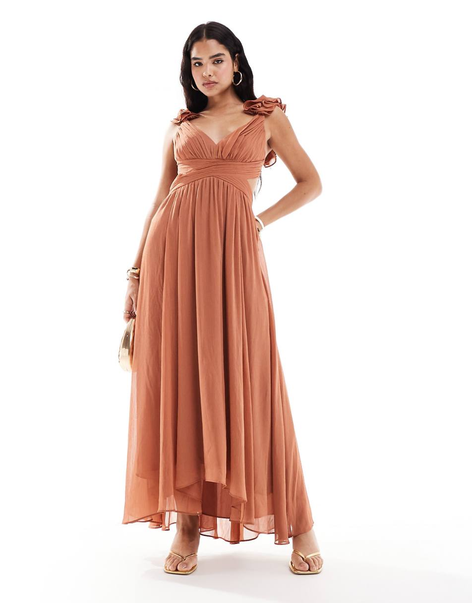 Ever New ruffle shoulder maxi dress in rose brown