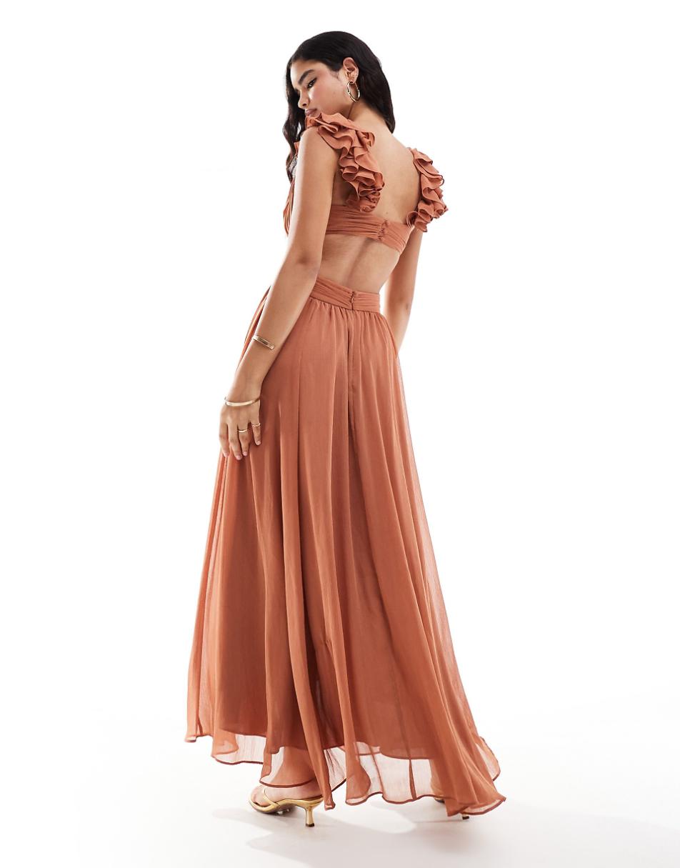 Ever New ruffle shoulder maxi dress in rose brown