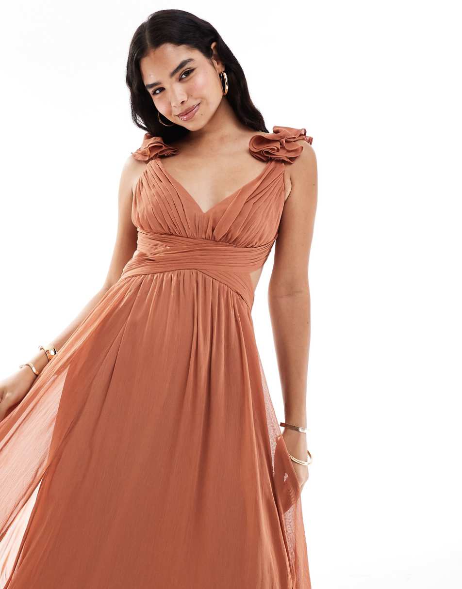 Ever New ruffle shoulder maxi dress in rose brown