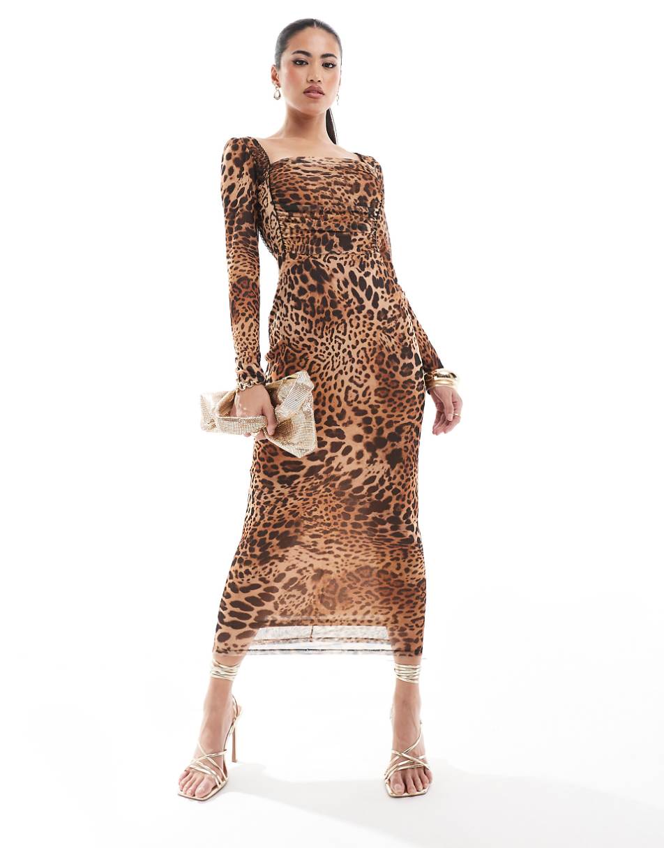 Jaded Rose long sleeve ruched midaxi dress in leopard