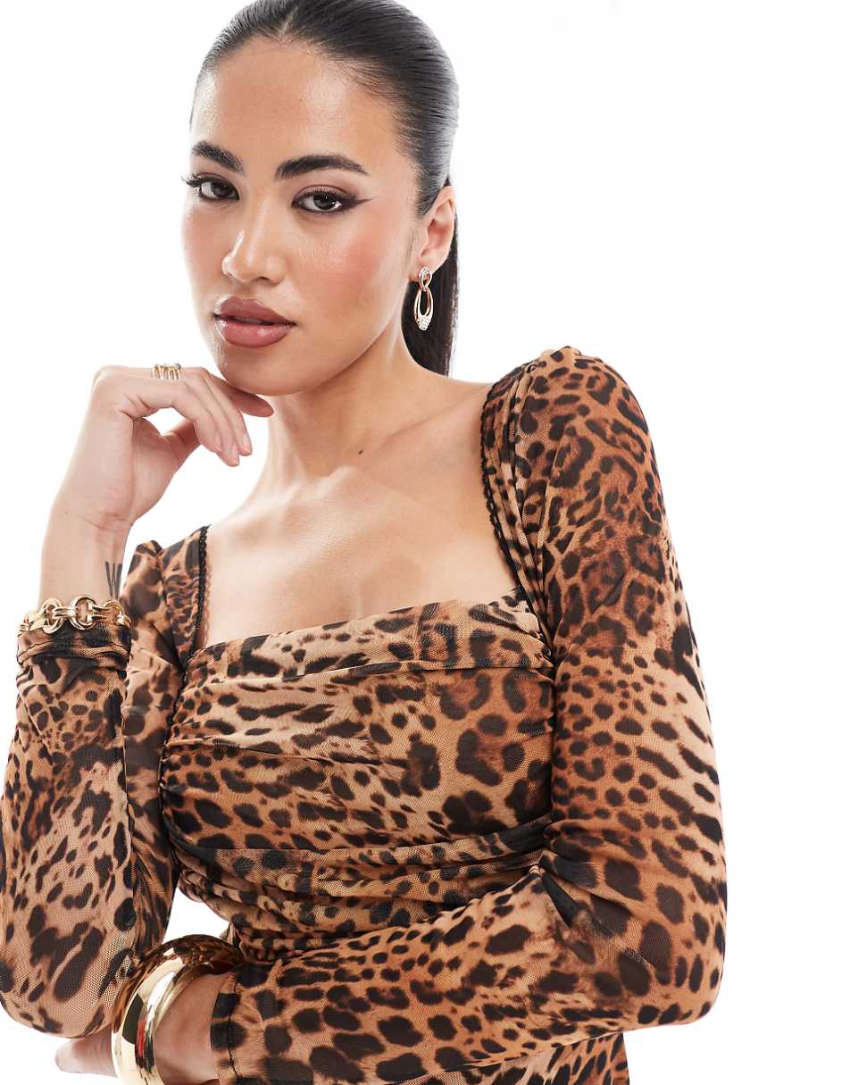 Jaded Rose long sleeve ruched midaxi dress in leopard