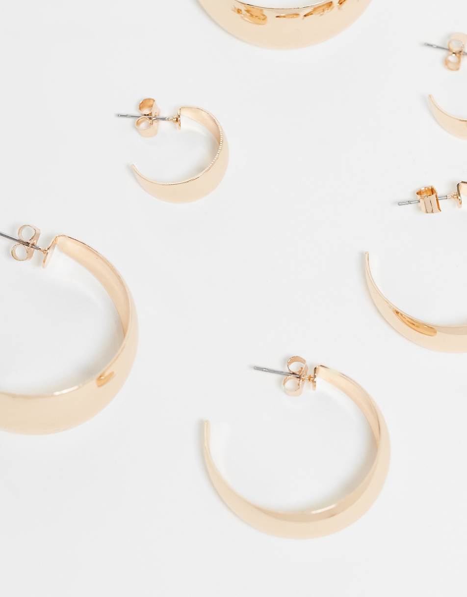 Monki 3 pack chunky wide hoops in gold