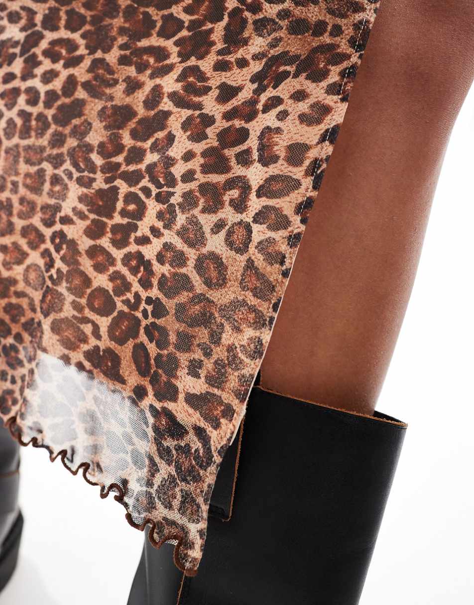 Monki mesh midi skirt with side slit in brown leopard print