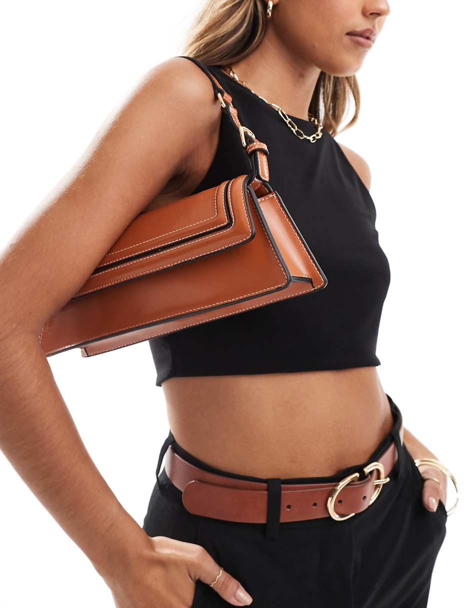 ASOS DESIGN structured elongated shoulder bag with contrast stitch in tan