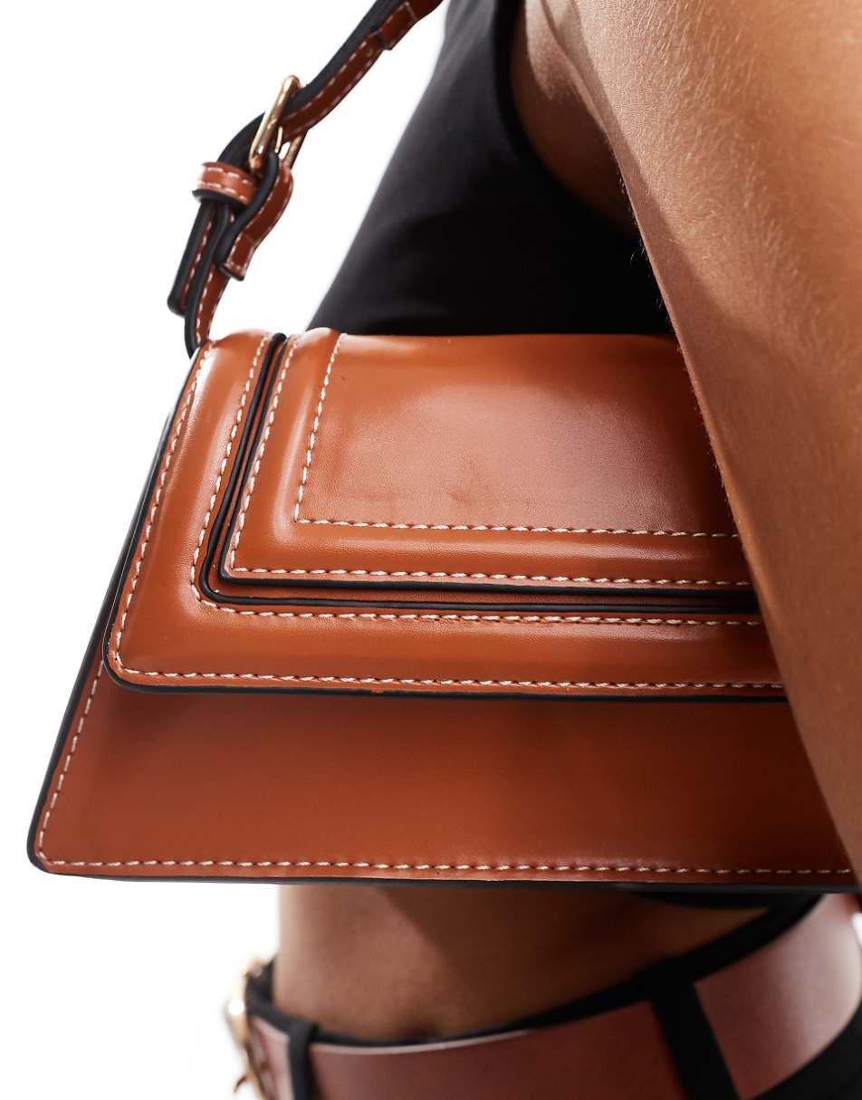 ASOS DESIGN structured elongated shoulder bag with contrast stitch in tan