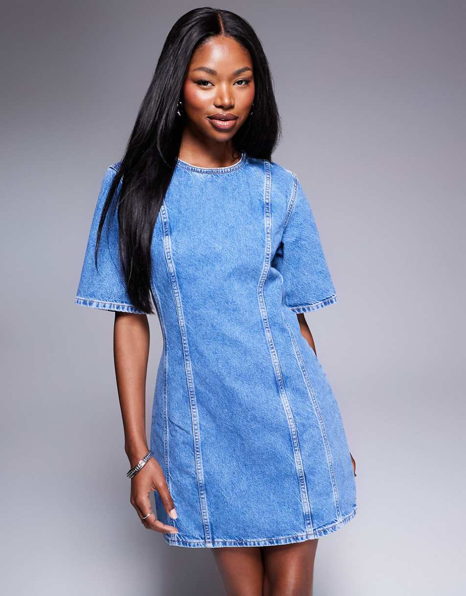River Island denim shift dress with seam detail in medium wash