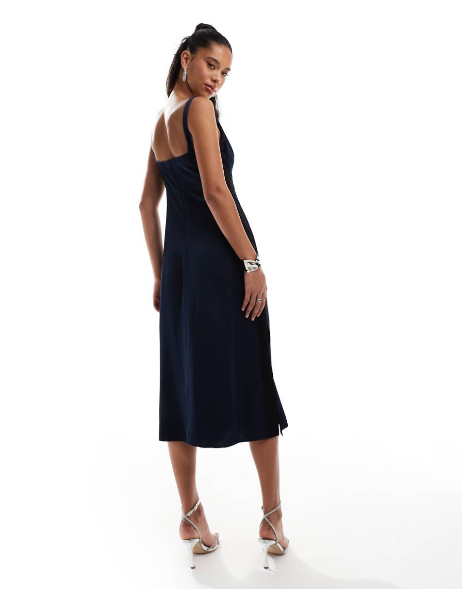 French Connection Ennis satin lace midi dress in navy