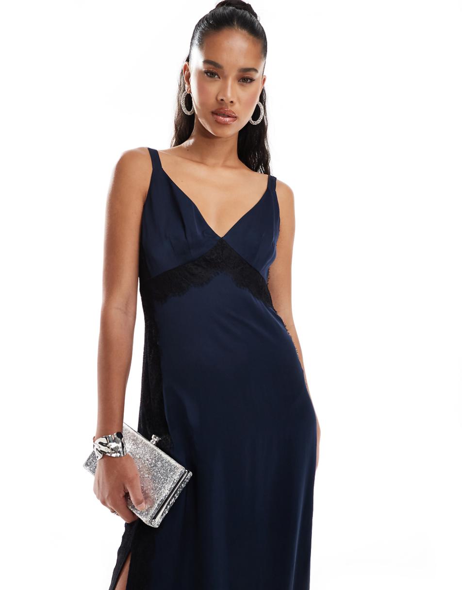 French Connection Ennis satin lace midi dress in navy