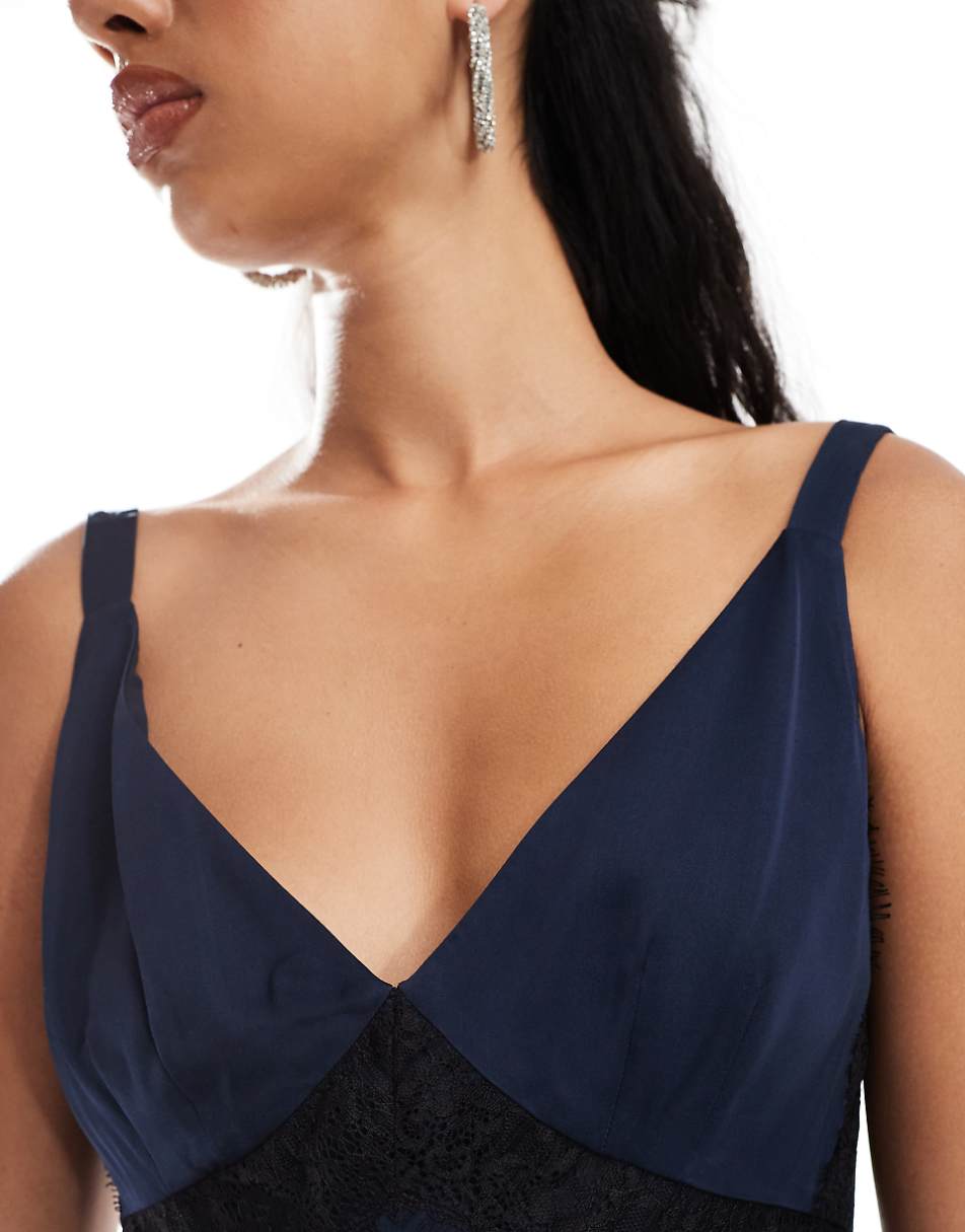 French Connection Ennis satin lace midi dress in navy