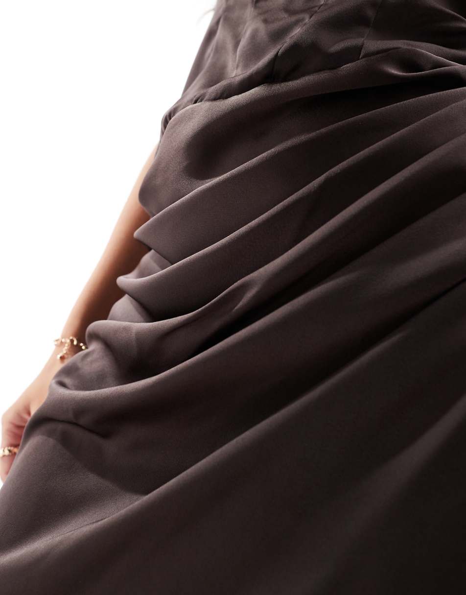 ASOS DESIGN satin corset bandeau draped skirt maxi dress with thigh split in chocolate brown
