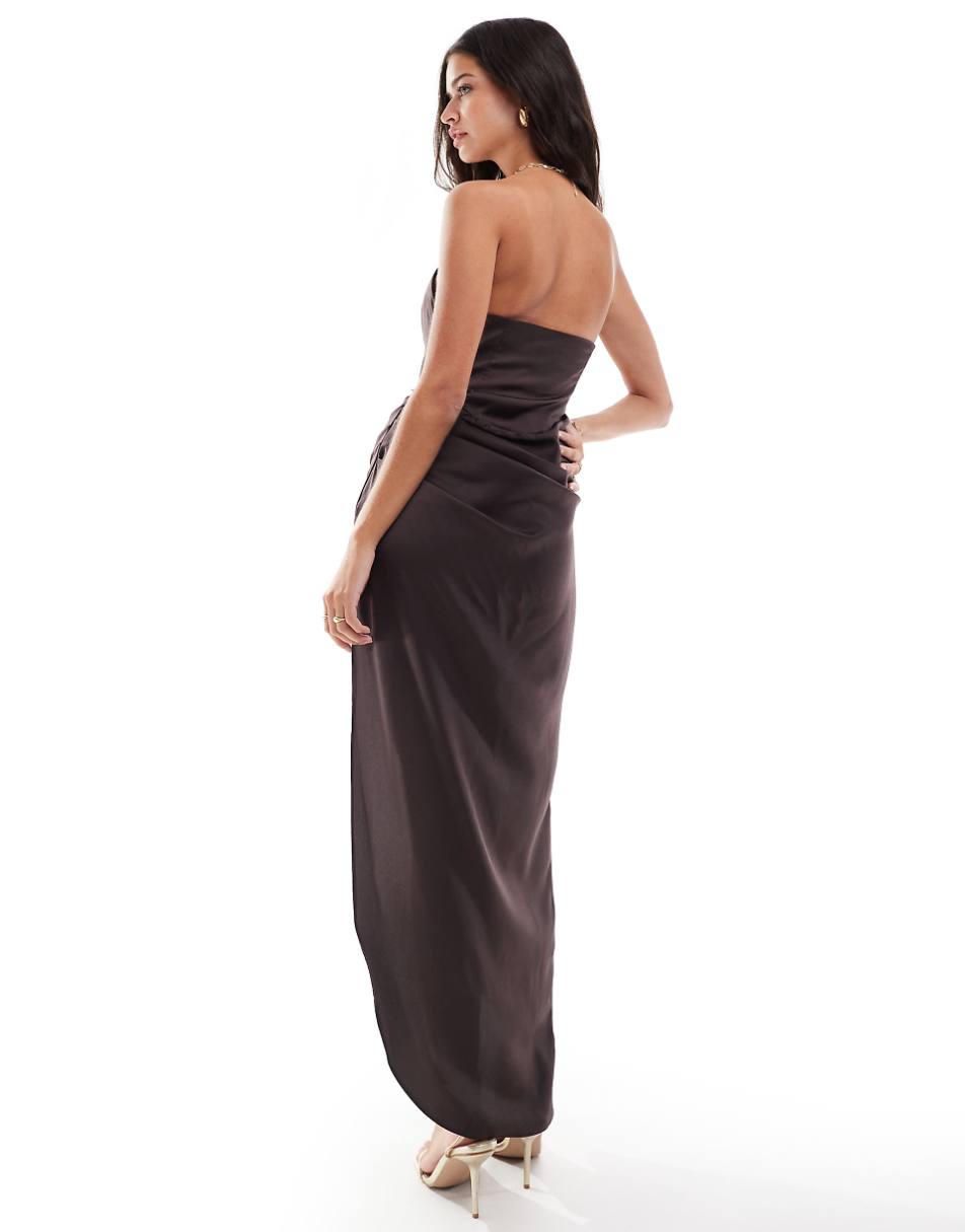 ASOS DESIGN satin corset bandeau draped skirt maxi dress with thigh split in chocolate brown