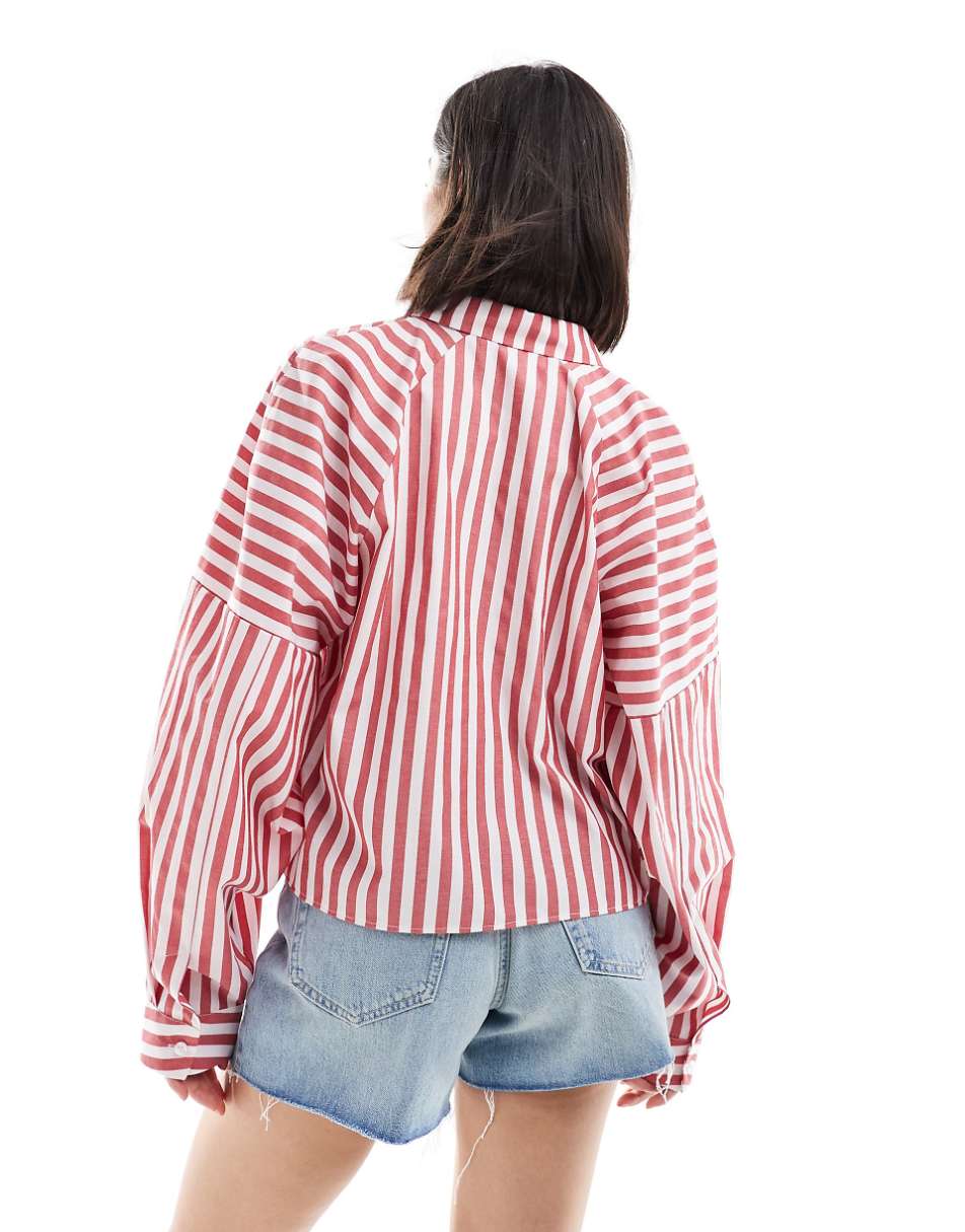 ASOS DESIGN spliced detail volume sleeve shirt in red stripe