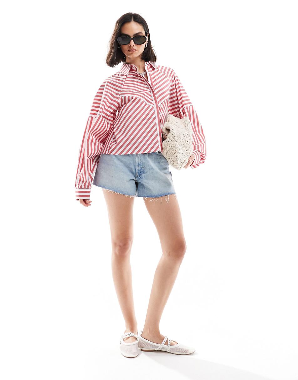 ASOS DESIGN spliced detail volume sleeve shirt in red stripe