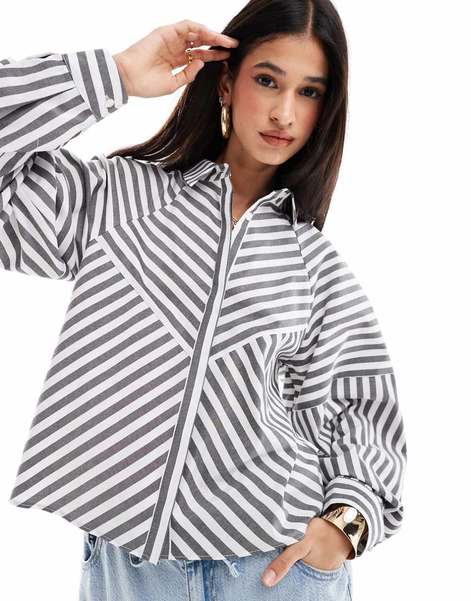 ASOS DESIGN spliced detail balloon sleeve shirt in gray stripe