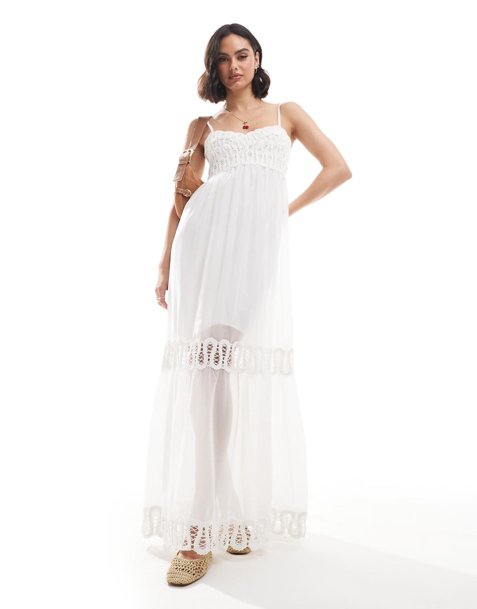 Mango premium embroidered midi dress in white