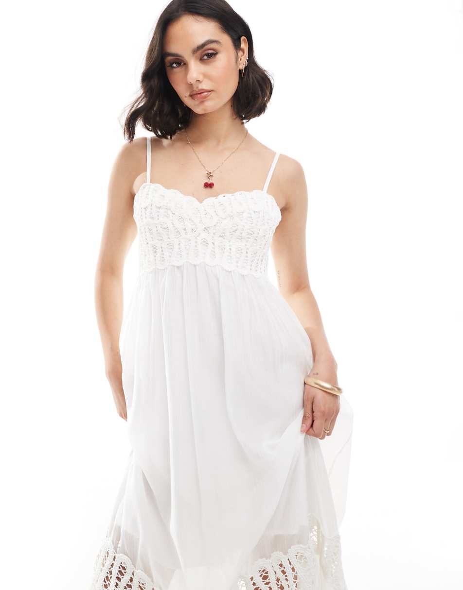 Mango premium embroidered midi dress in white