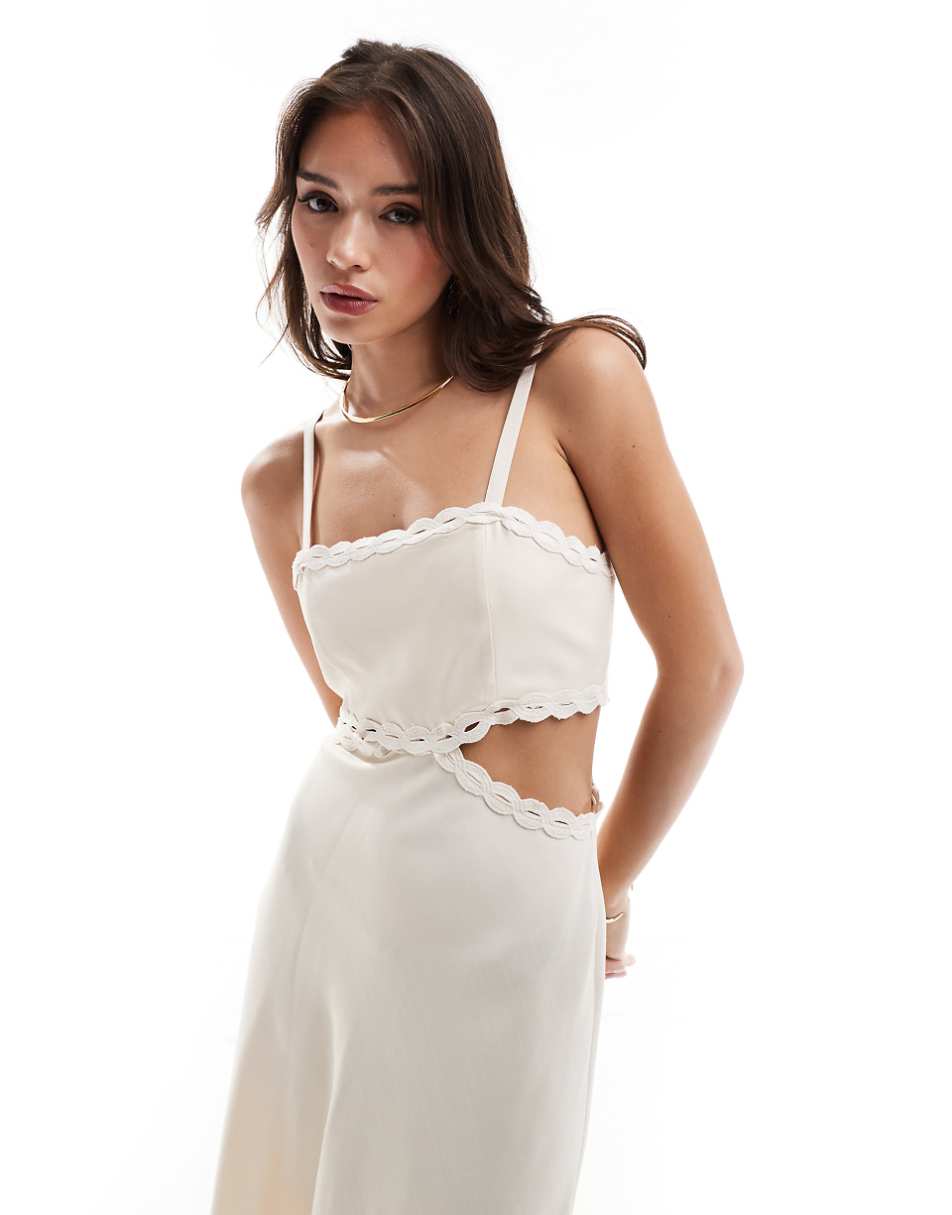 Mango premium trim cut out midi dress in light beige