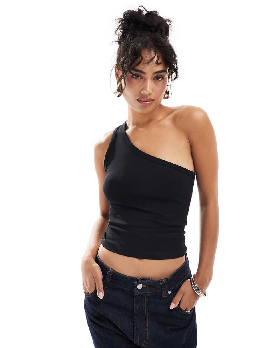 Mango one shoulder top in black
