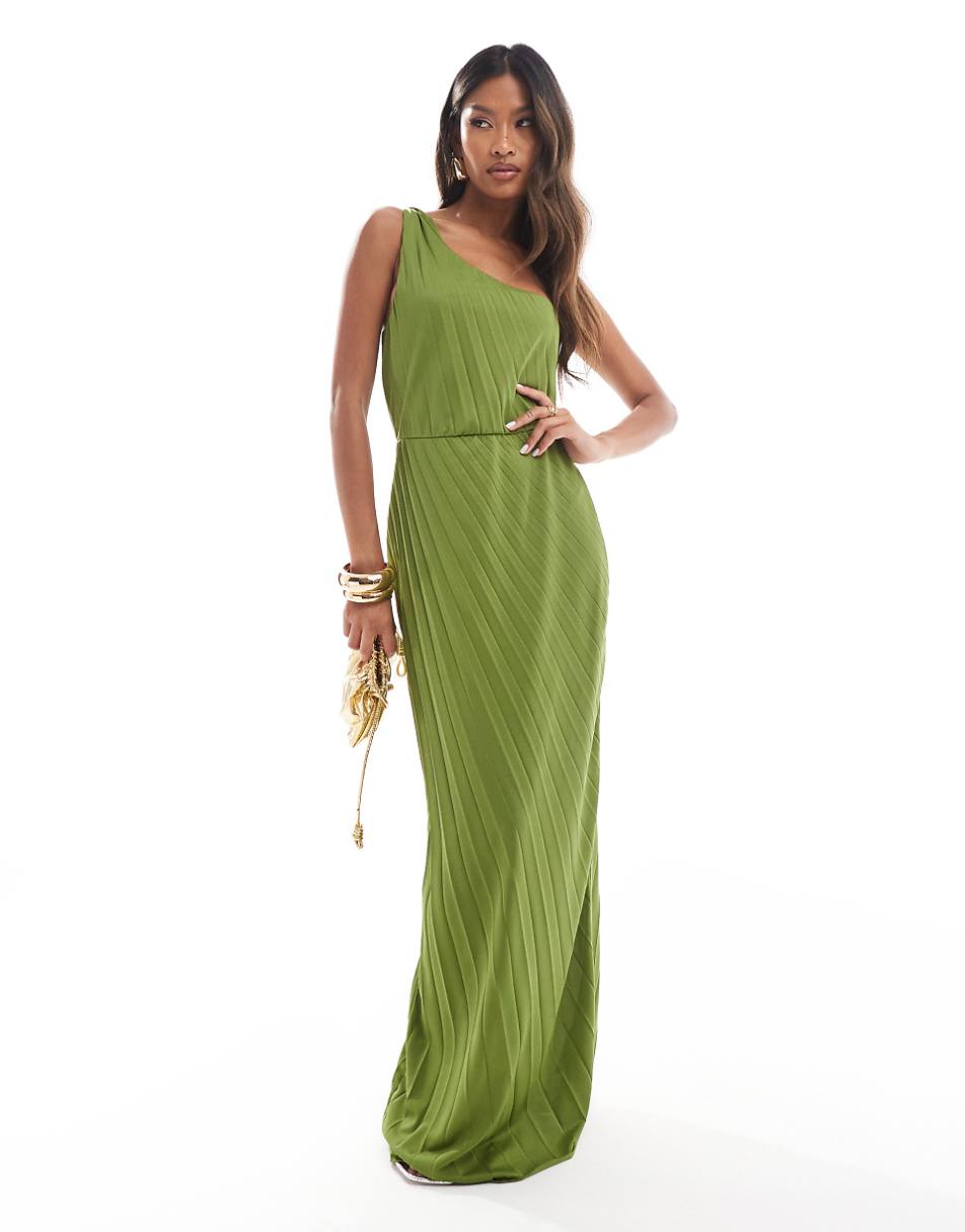 ASOS DESIGN twist one-shoulder pleated maxi dress in olive