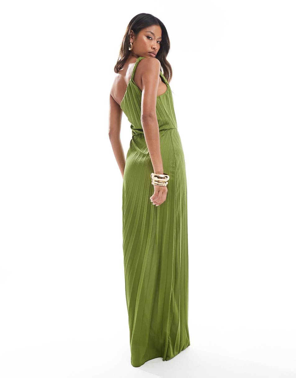 ASOS DESIGN twist one-shoulder pleated maxi dress in olive