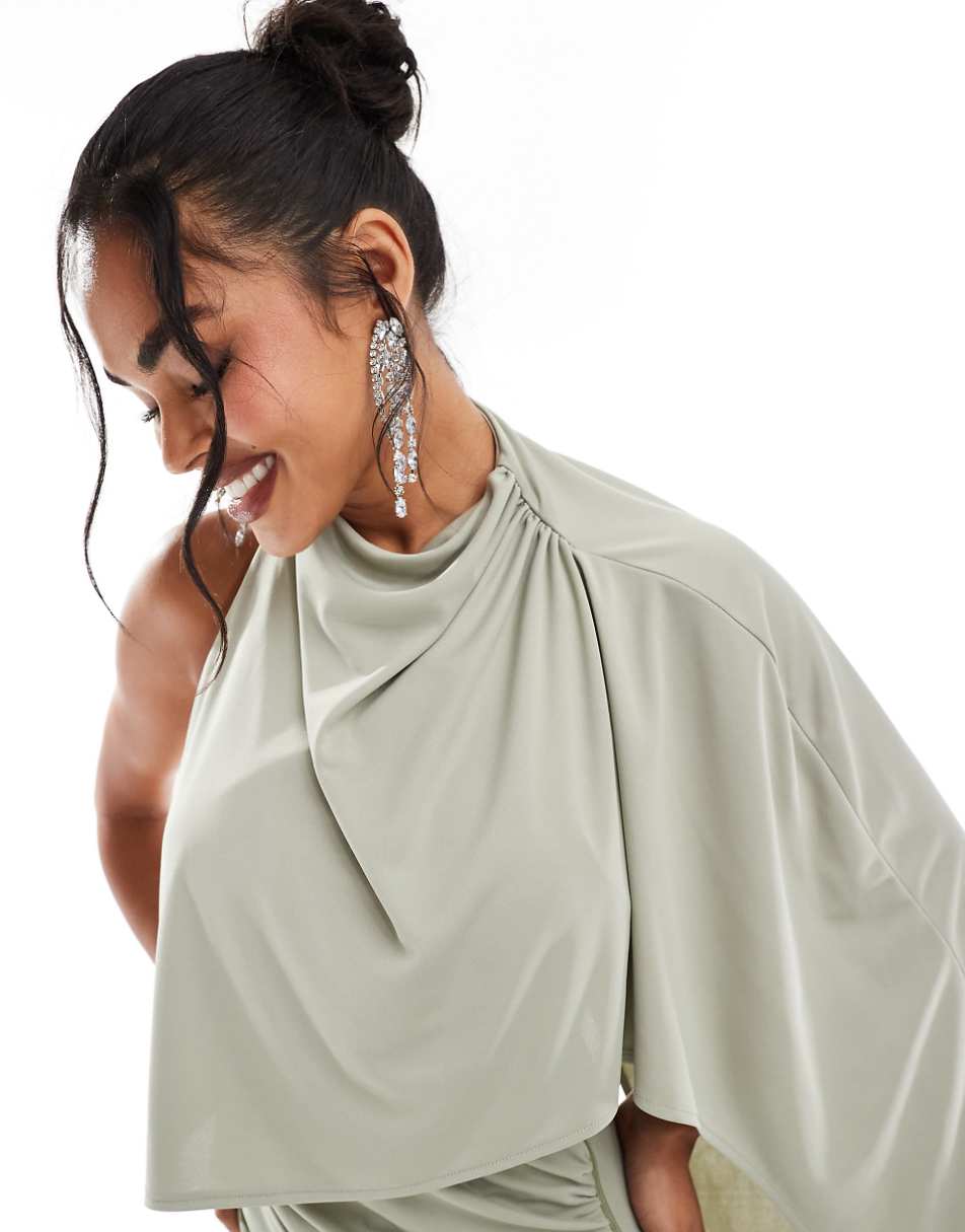 ASOS DESIGN one shoulder cape red carpet maxi with train in sage green