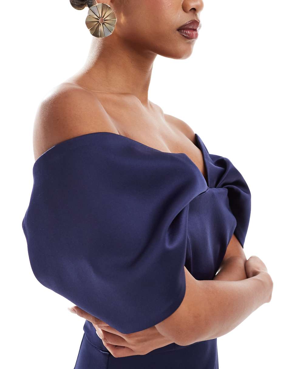 Lavish Alice draped off the shoulder bonded satin midi dress in navy