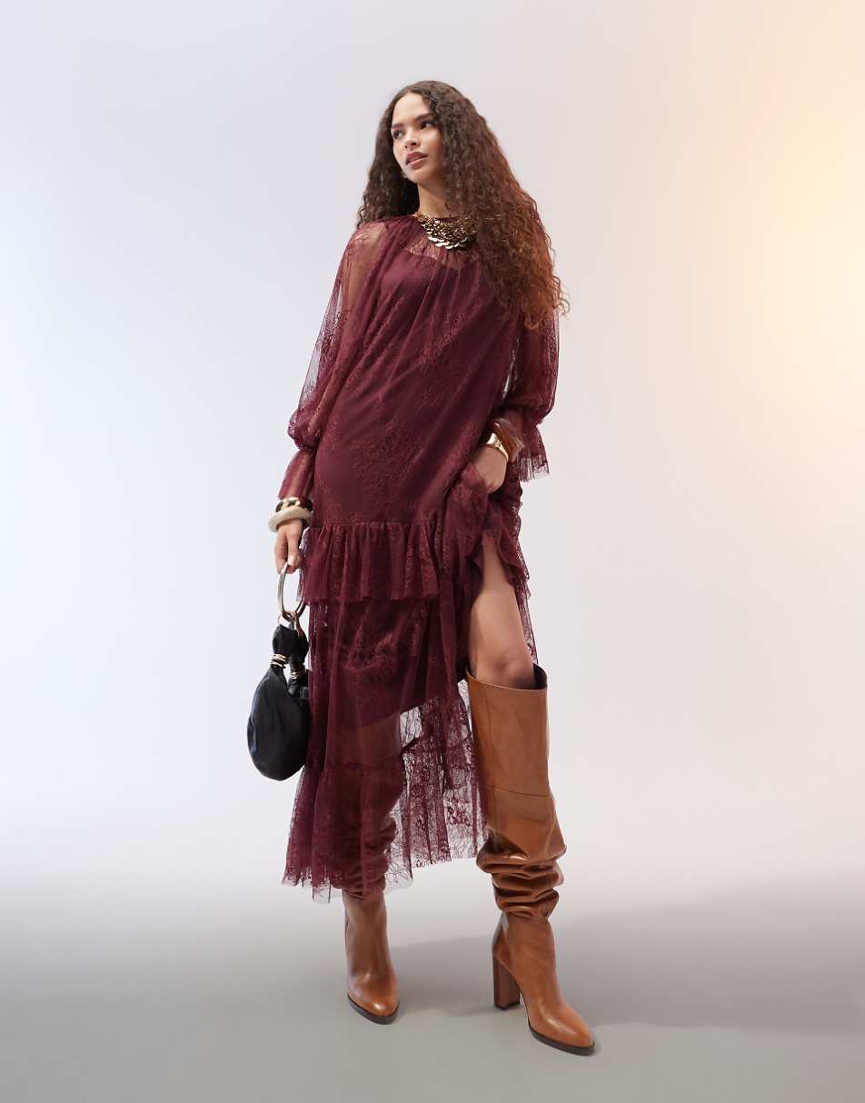 ASOS DESIGN ruffle detail lace maxi dress in burgundy