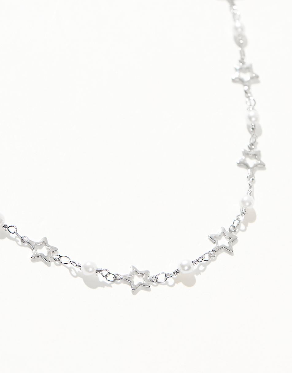 ASOS DESIGN short necklace with faux pearl and star detail in silver tone