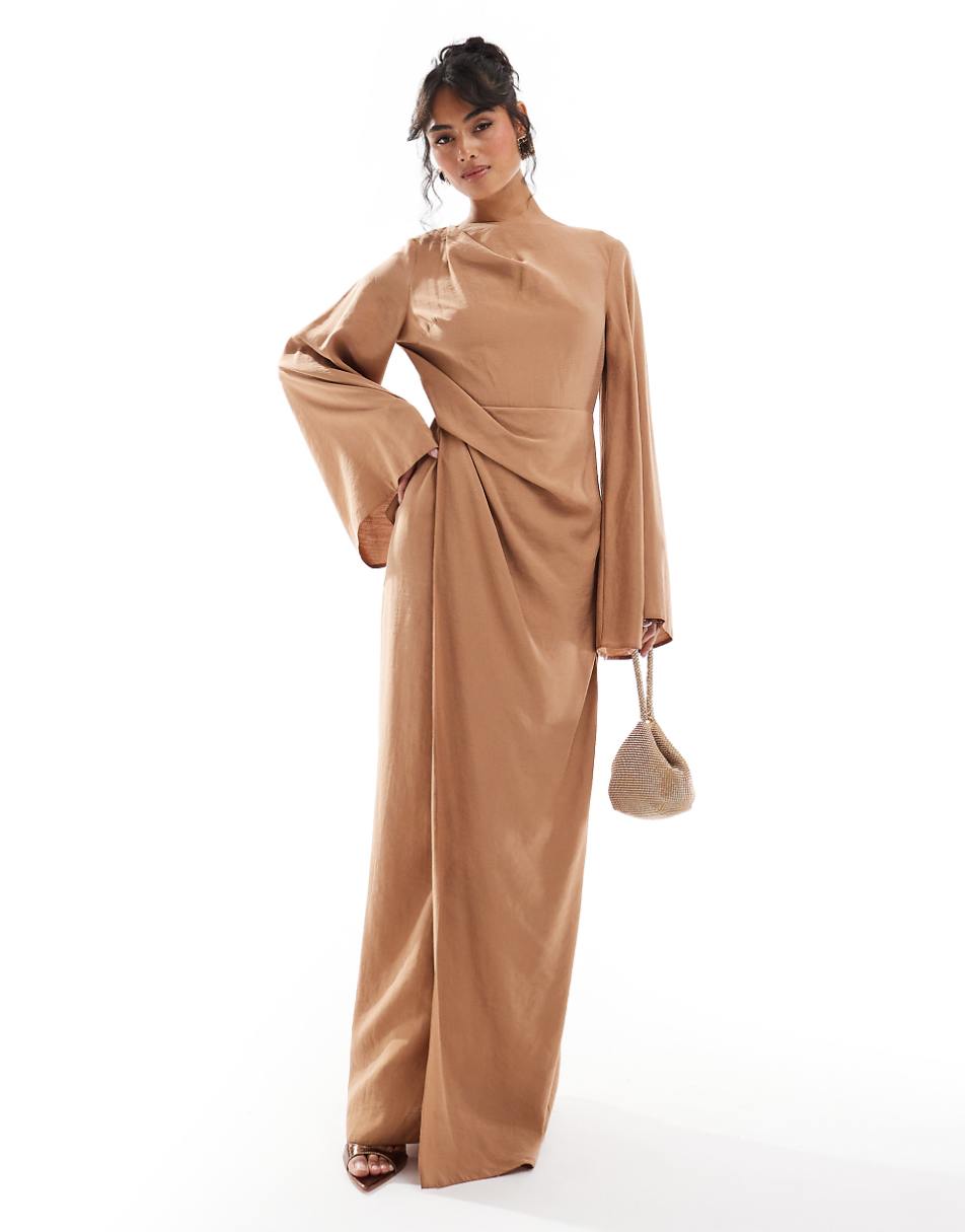 ASOS DESIGN twist front extreme sleeve maxi dress in caramel brown