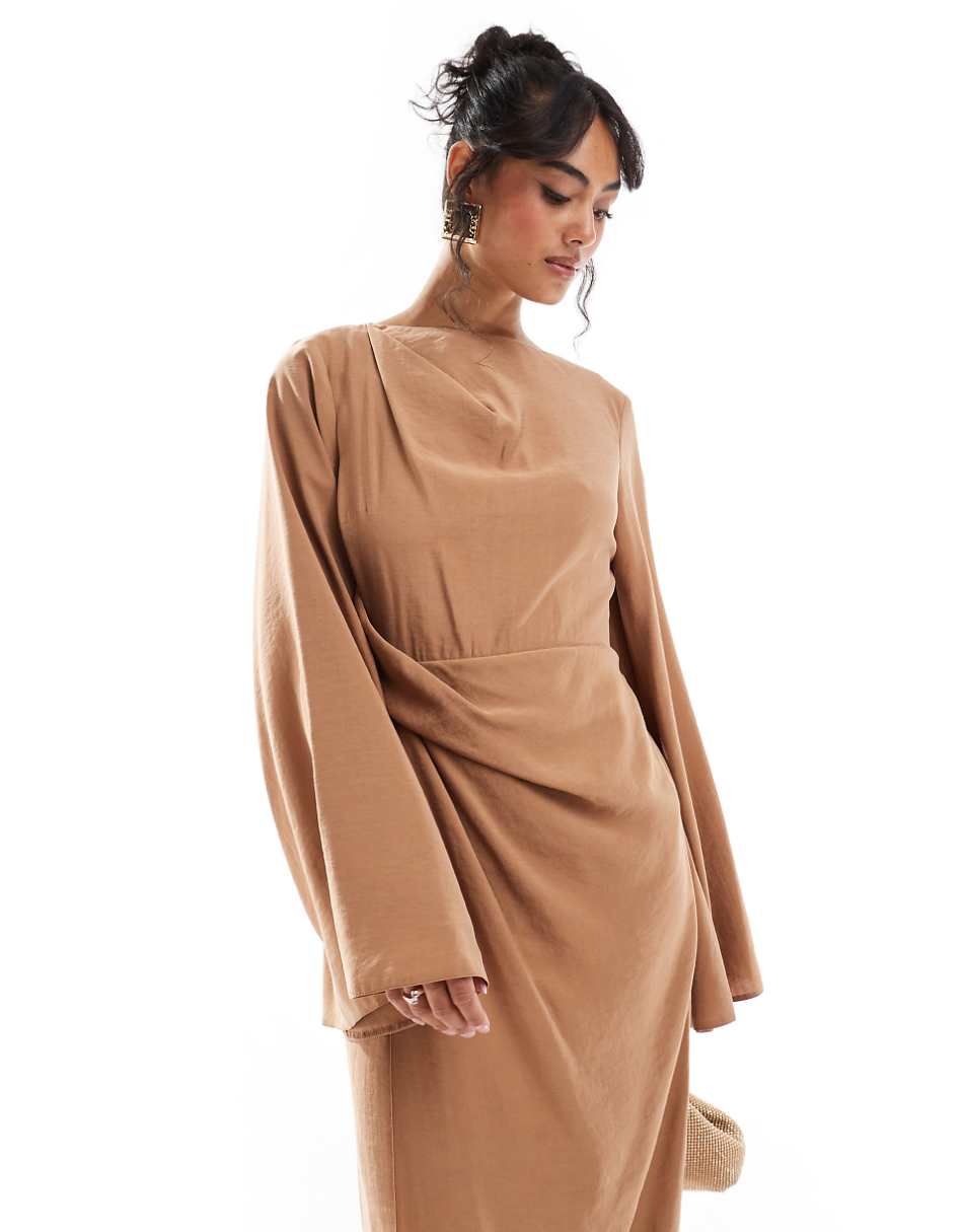 ASOS DESIGN twist front extreme sleeve maxi dress in caramel brown