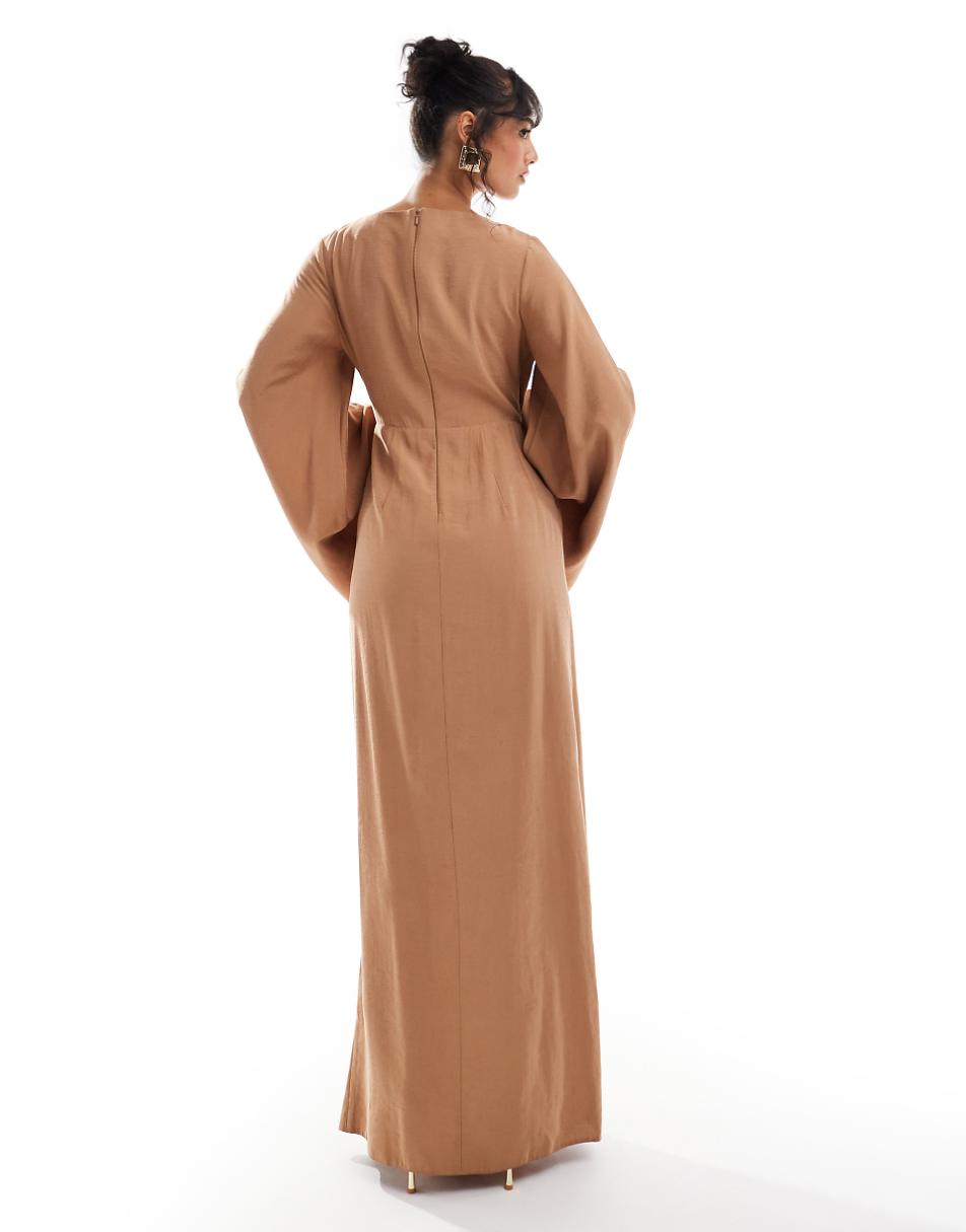 ASOS DESIGN twist front extreme sleeve maxi dress in caramel brown