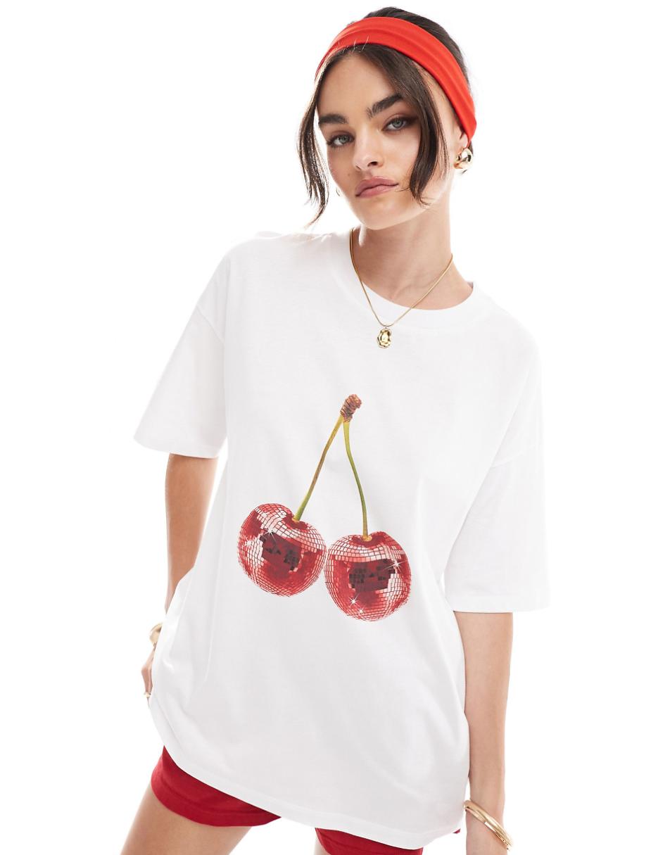 ASOS DESIGN oversized t-shirt with disco cherry graphic in ivory