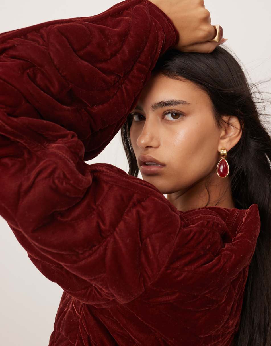 ASOS EDITION velvet embroidered quilted plunge mini dress with sleeve detail in burgundy