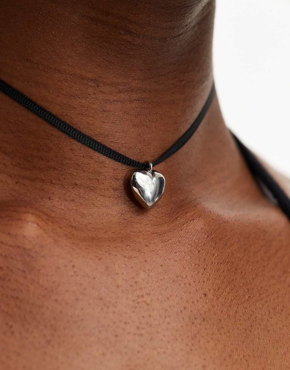 ASOS DESIGN ribbon choker with puff heart pendant in silver tone