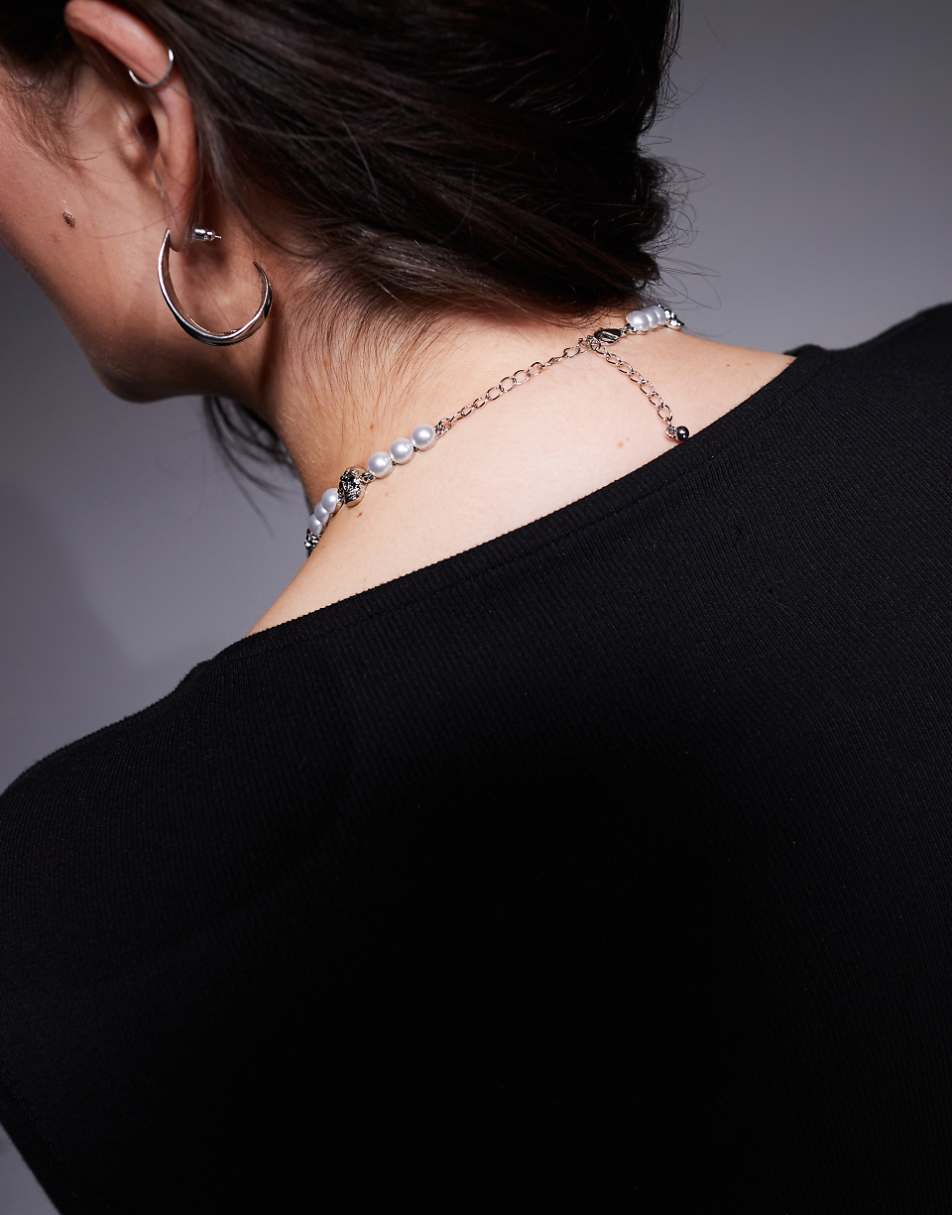 ASOS DESIGN Curve Halloween choker necklace with faux pearl and skull design in silver tone