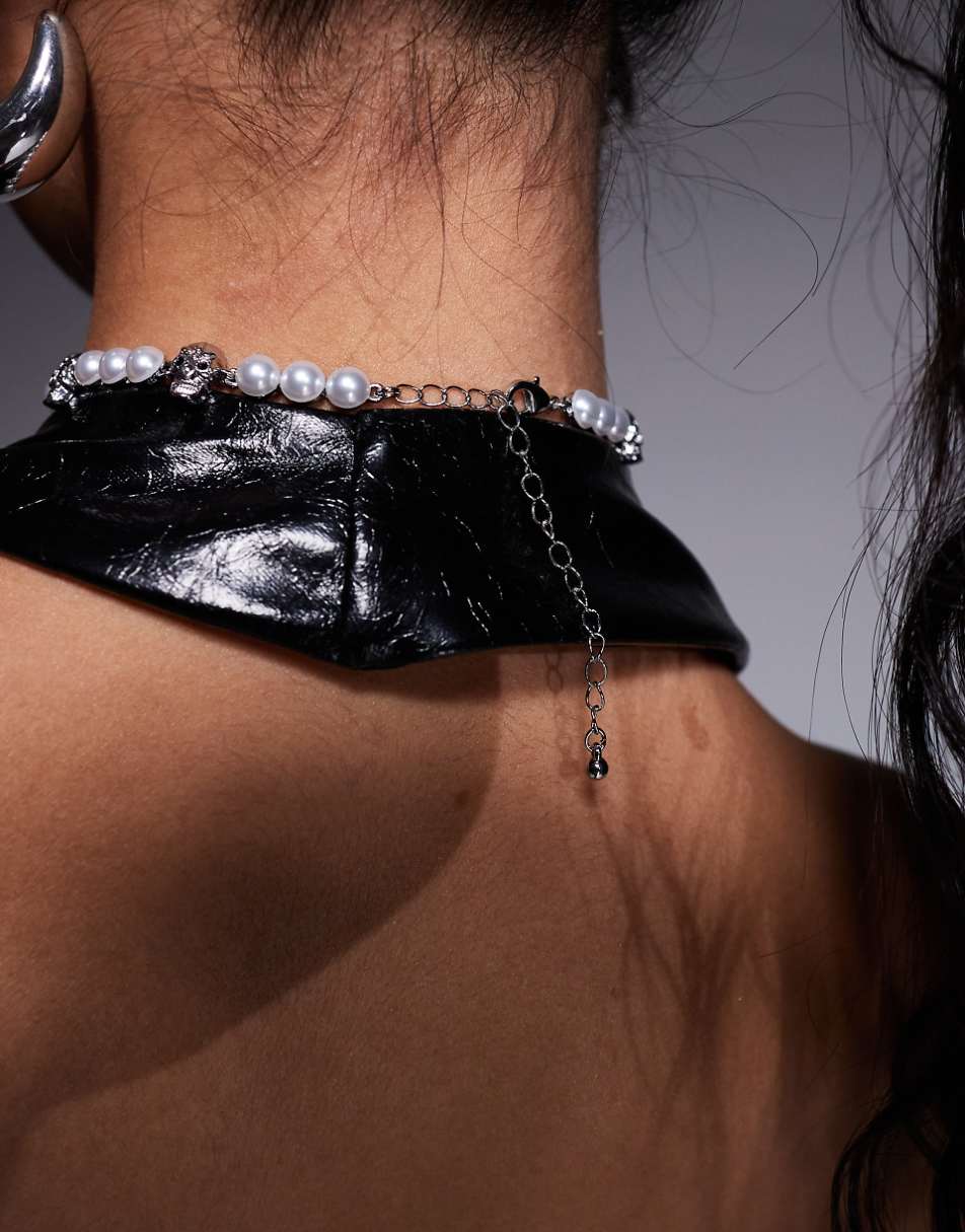 ASOS DESIGN Halloween choker necklace with faux pearl and skull design in silver tone