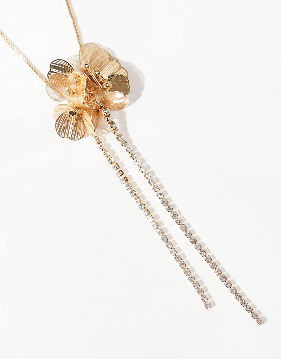 ASOS DESIGN long pendant necklace with flower design in gold tone