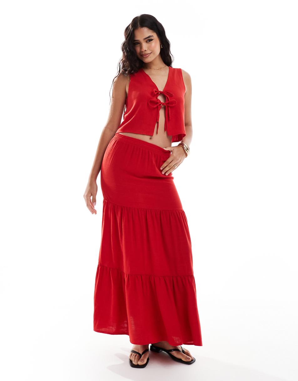Miss Selfridge tie front linen vest in red