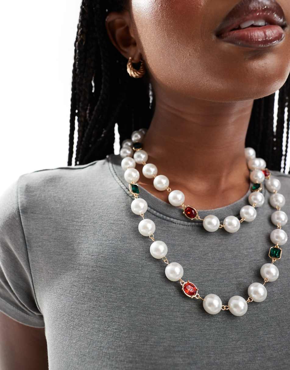 Reclaimed Vintage layered pearl necklace with colorful stones