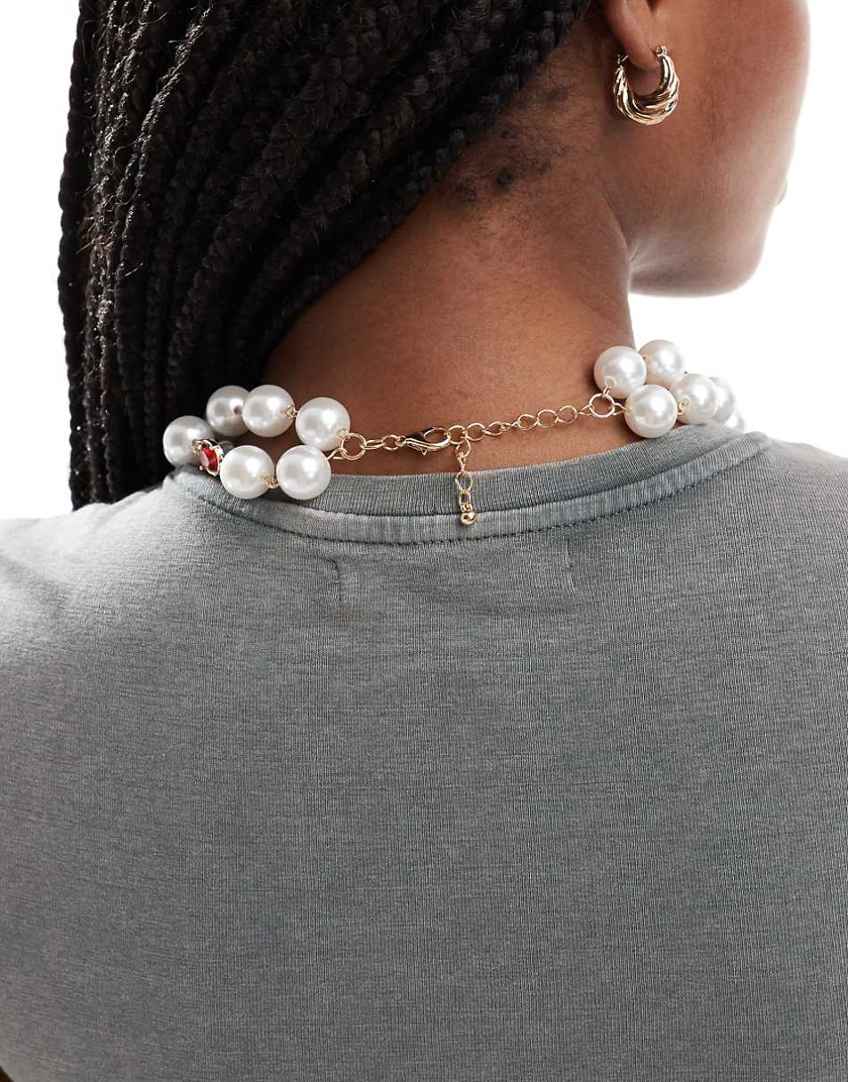 Reclaimed Vintage layered pearl necklace with colorful stones
