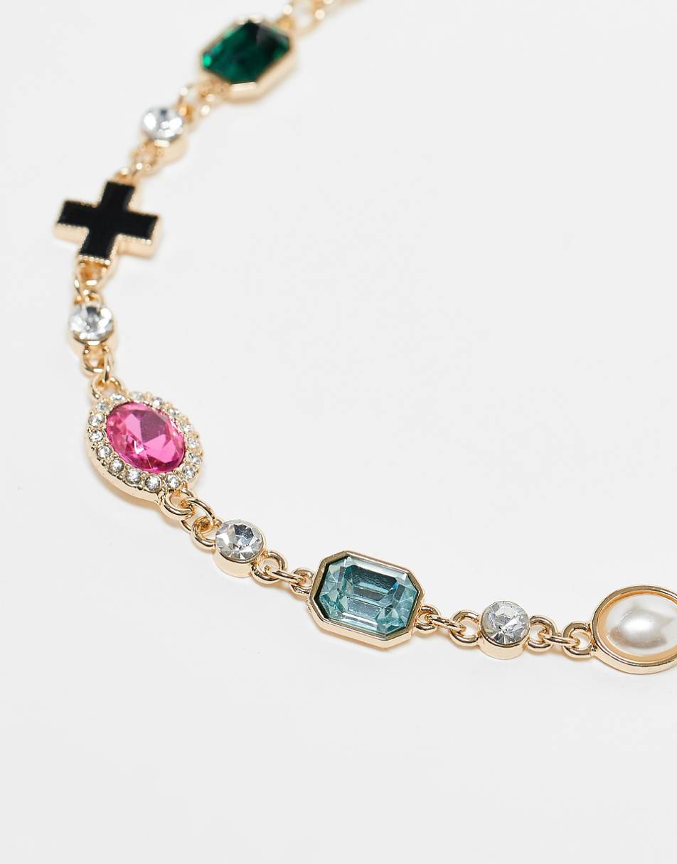 Reclaimed Vintage unisex choker necklace with colorful stones in gold