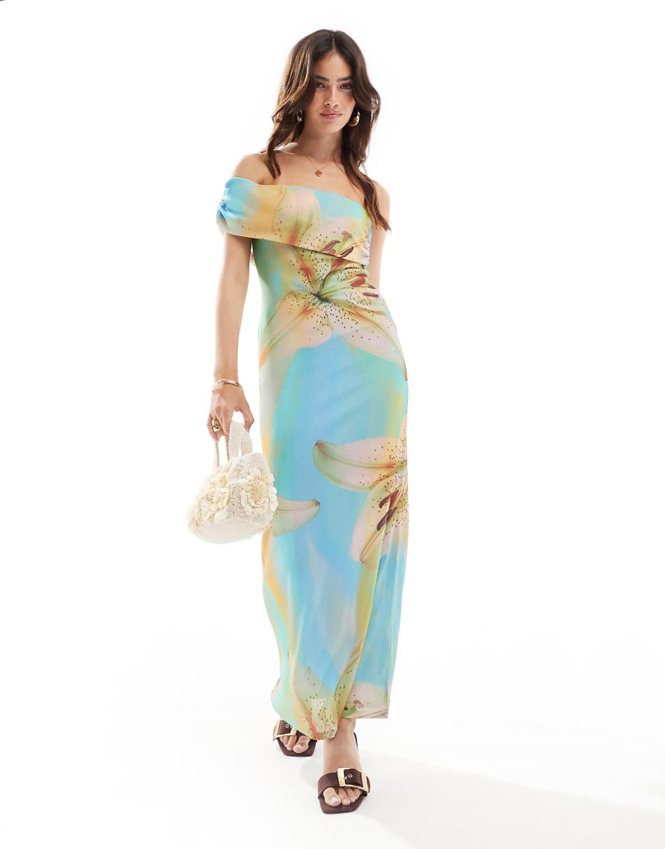 ASOS DESIGN textured bandeau ruched midi dress in oversized hibiscus print