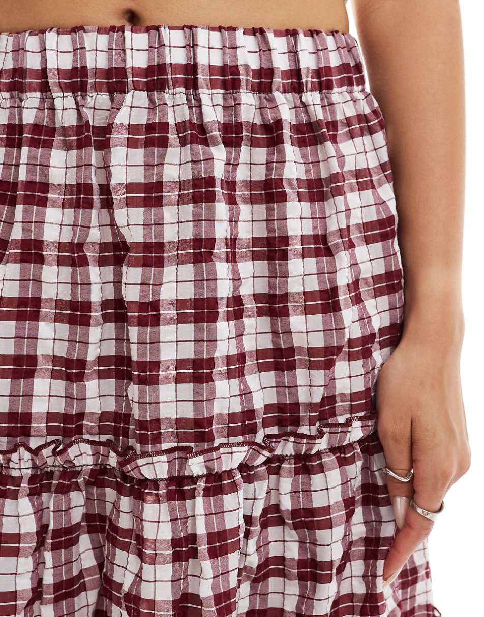 Bershka tiered maxi skirt in burgundy check