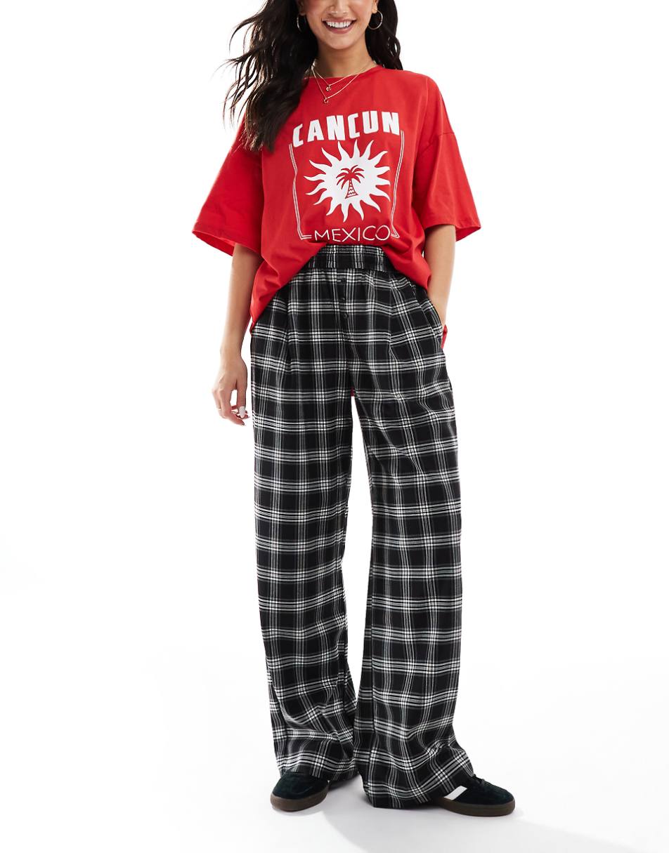 Bershka tie waist wide leg pants in black check