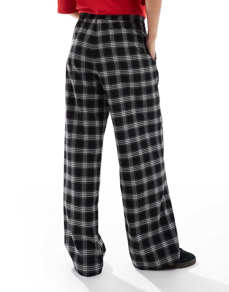 Bershka tie waist wide leg pants in black check