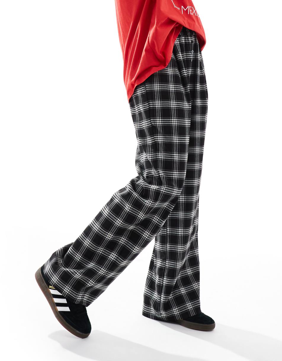 Bershka tie waist wide leg pants in black check