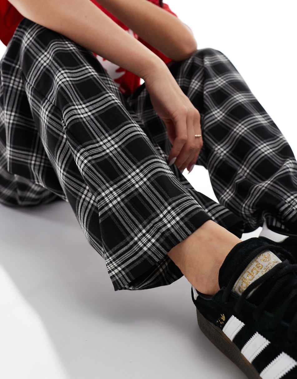 Bershka tie waist wide leg pants in black check